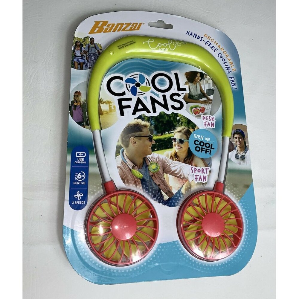 Banzai Cool Fans Portable Hanging Neck Sport USB Rechargeable Personal Lime Pink